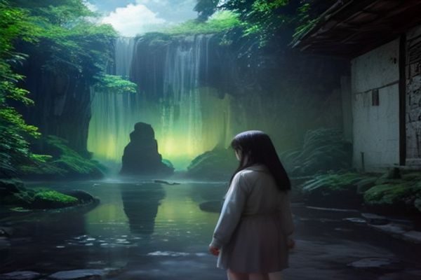 人工少女游戏场景全貌，角色站在阳光明媚的室外庭院中，背景树木葱郁、光线柔和，展示游戏的写实风格场景渲染效果